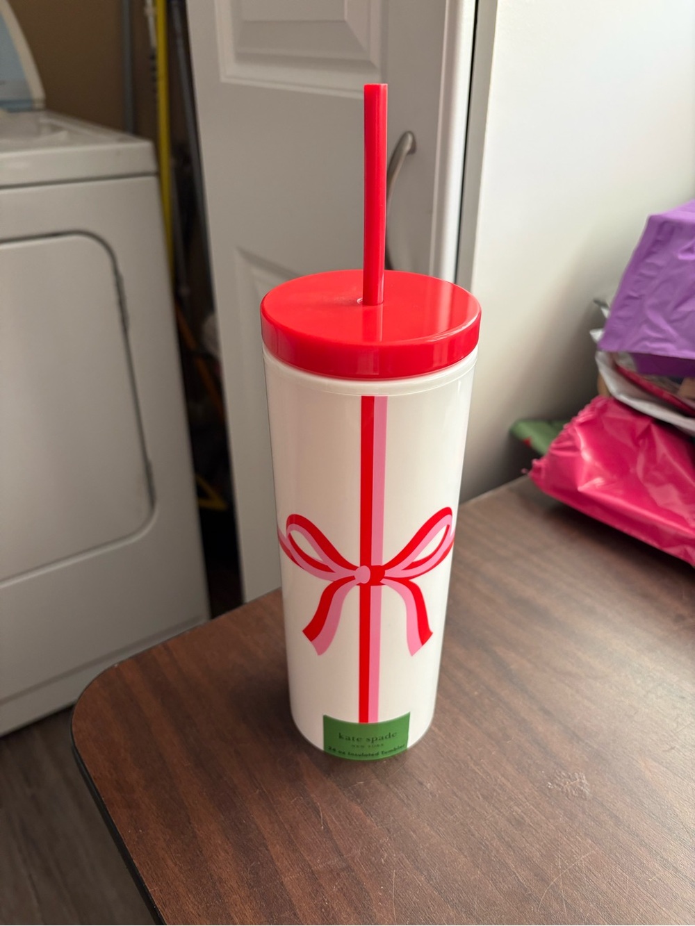 kate spade White Tumbler with Pink and Red Ribbon Graphic